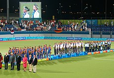 The Dutch team (blue/orange) on the podium after winning silver Athen 661.jpg