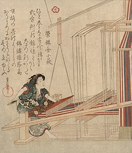 Traditional Japanese weaving at Beater (weaving), by Yanagawa Shigenobu (edited by Durova)