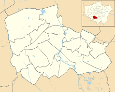 Mapa konturowa gminy Merton, u góry znajduje się punkt z opisem „Plough Lane”