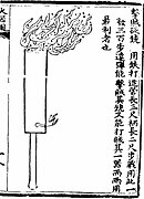 A 'bandit-striking penetrating gun' (ji zei bian chong) as depicted in the Huolongjing. The first known metal barreled hand cannon, it throws low nitrate gunpowder flames along with coviative missiles.