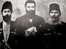 Bergjoden delegatieleden Matitjahu Bogatirov en Shlomo Mordechaiov op het Vierde Zionistisch congres met Theodor Herzl, 1900