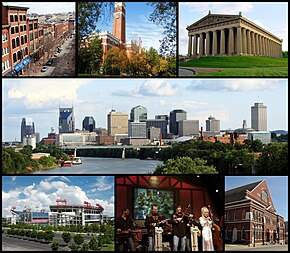 Din stânga sus: 2nd Avenue, Kirkland Hall at Vanderbilt University, the Parthenon, the Nashville skyline, LP Field, Dolly Parton performing at the Grand Ole Opry, and Ryman Auditorium