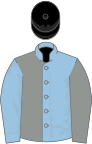 Light blue and grey (halved), sleeves reversed, black cap