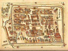 The Chinese traders at Nagasaki were confined to a walled compound (Tōjin yashiki), c. 1688