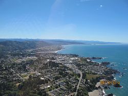 An aerial view of Brookings, Oregon, and its coastline