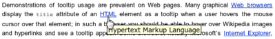 A web browser tooltip displayed for hyperlink to HTML, showing what the abbreviation stands for. HTML tooltip.png