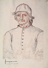 Attributed to Jacques Le Boucq. Portrait of Hieronymus Bosch . circa 1550 date QS:P,+1550-00-00T00:00:00Z/9,P1480,Q5727902 . houtskool en rood krijt op papier. Arras, Bibliothèque Municipale, Recueil d’Arras, ms. 266, fol. 275.