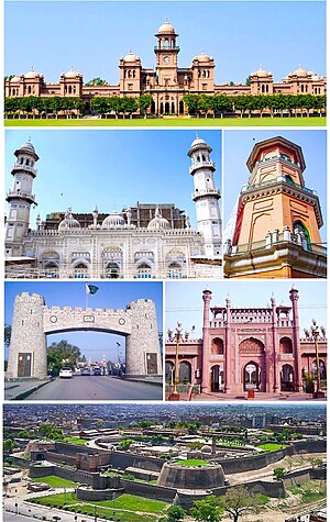 Clockwise from top: Islamia College University, Cunningham clock tower, Sunehri Mosque, Bala Hissar Fortress, Bab-e-Khyber, Mahabat Khan Mosque