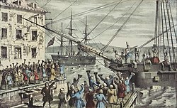 D Vernichtig vu Tee bi dr „Boston Tea Party“; Lithografy vu Sarony & Major (1846)