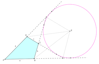 <span class="mw-page-title-main">Ex-tangential quadrilateral</span> Convex 4-sided polygon whose sidelines are all tangent to an outside circle