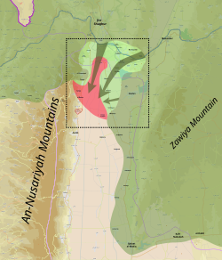 Területi változások az offenzíva alatt   Az offenzíva előtt az ellenzék kezén lévő területek   Az offenzíva alatt az ellenzék által megszerzett területek   A felkelők legnagyobb előretörése: ezt a Szír Hadsereg később visszafoglalta