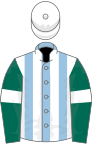 Light blue and white stripes, dark green sleeves, white armlets, white cap