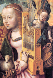 Santa Cecília tocando o órgão portátil (Meister des Bartholomäus-Altars, ca. 1490-1495). O fole é visível à direita da imagem