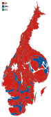 Cartograma hărții din stânga cu fiecare municipalitate remodelată după numărul de voturi valide înregistrate.