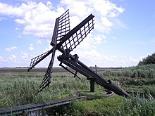 Windmills of the paaltjasker type, such as the one pictured here, were used to drain the Zuidveen fens from the mid-19th century on. American-style windpumps were used later. Tjasker Sanpoel 04.JPG