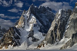 Trekkers along with porters towards Snow Lake, over Biafo Glacier 61Km