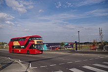 A route EL1 bus on the new Northgate Road extension passing the newly opened Barking Riverside pier. Go-Ahead London bus on route EL1 at Barking Riverside.jpg