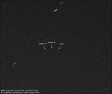 The geostationary satellite PAN (2009-047A), along with two other (commercial) geostationary satellites photographed on 4 July 2011 (photo: Marco Langbroek, Leiden, the Netherlands) PAN geostationary 04072011.jpg