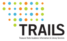 TRAILS logo, with different-sized blue, green and orange dots
