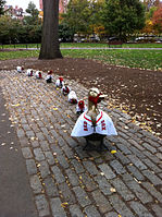 Make Way for Ducklings by Nancy Schön, specially costumed as Red Sox fans, October 2013