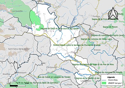 Carte des ZNIEFF de type 1 sur la commune.