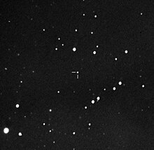 Asteroid 3617 Eicher (tick marks) imaged by Canadian astrophotographer Jack Newton on July 5, 2005, using a robotic telescope placed in Portal, Arizona. At this time the asteroid shone at magnitude 16.7 and was just south of the Virgo Cluster of galaxies.