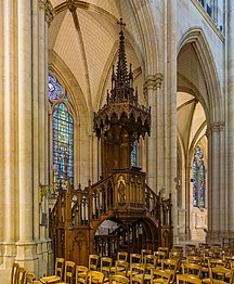 The carved pulpit in the nave