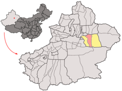 Location of Turpan City (red) in Turpan Prefecture (yellow) and Xinjiang