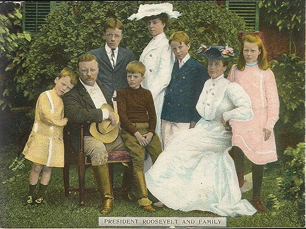 1903 Pach Brothers colorized photo of President Theodore Roosevelt and his family with copyright notice on the left side.