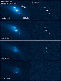 Disintegration of asteroid P/2013 R3 observed by the Hubble Space Telescope (6 March 2014). 14060-Asteroid-P2013R3-Disintegration-20140306.jpg