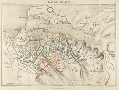 Map of the French (blue) and British (red) lines during the siege. The defenders' positions are in green.