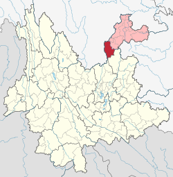 Location of Qiaojia County (red) and Zhaotong Prefecture (pink) within Yunnan province of China