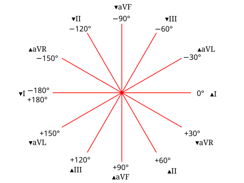 The hexaxial reference system is a diagram that is used to determine the heart's electrical axis in the frontal plane. Hexaxial reference system.svg