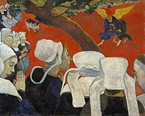 Gauguins Het visioen na de preek, 1888, met grote kleurvlakken en duidelijk ook symbolistische invloeden.