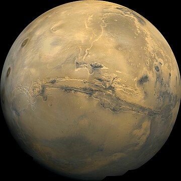 Wide view of Mars centered on Valles Marineris, taken with Viking images. Note: this picture will greatly enlarge by clicking on it several times.