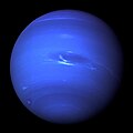 Image 6 Neptune Photograph credit: NASA / JPL Neptune is the eighth and farthest known planet from the Sun in the Solar System. In the Solar System, it is the fourth-largest planet by diameter, the third-most-massive planet and the densest giant planet. Neptune is 17 times the mass of Earth, slightly more massive than its near-twin Uranus. Neptune is denser and physically smaller than Uranus because its greater mass causes more gravitational compression of its atmosphere. Neptune orbits the Sun once every 164.8 years at an average distance of 30.1 au (4.5 billion km; 2.8 billion mi). It is named after the Roman god of the sea and has the astronomical symbol ♆, a stylised version of the god Neptune's trident. This picture of Neptune was taken by NASA's Voyager 2 spacecraft in 1989, at a range of 4.4 million miles (7.1 million kilometres) from the planet, approximately four days before closest approach. The photograph shows the Great Dark Spot, a storm about the size of Earth, in the centre, while the fast-moving bright feature nicknamed the "Scooter" and the Small Dark Spot can be seen on the western limb. These clouds were seen to persist for as long as the spacecraft's cameras could resolve them. More selected pictures