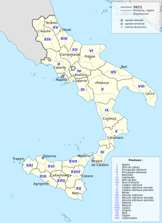 Carte du sud de l'Italie (partie péninsulaire et Sicile) divisée entre les différentes parties du royaume