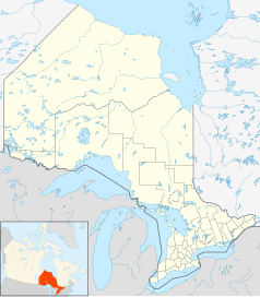 Mapa konturowa Ontario, na dole po prawej znajduje się punkt z opisem „Maple Leaf Gardens”