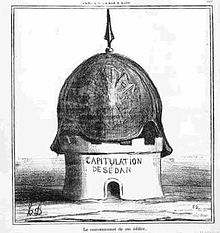 Caricature montrant un énorme casque à pointe surmontant une forteresse avec l'inscription Capitulation de Sedan.