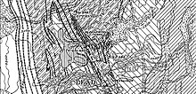 Lead Geologic Map. Note the locations of the Ellison, Old Abe, Highland, Deadwood Terra, and DeSmet shafts, south to north. The Caledonia Cut is labelled with a "1".[15]: 14 