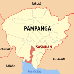 Mapa ng Pampanga na nagpapakita sa lokasyon ng Sasmuan.