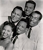 The five members (four young men and one young woman) of the singing group The Platters