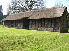 Half-timbered with wattle-work walls for ventilation. Stryd Lydan Barn, originally at Llannerch Banna, Flintshire, North Wales. Re-erected at the St Fagans National History Museum, Cardiff, Wales in 1951.