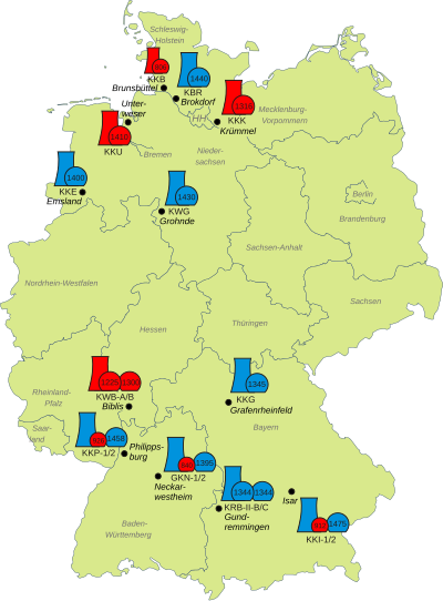 Eight German nuclear power reactors (sBiblis A and B, Brunsbuttel, Isar 1, Krummel, Neckarwestheim 1, Philippsburg 1 and Unterweser) were permanently shut down on 6 August 2011, following the Japanese Fukushima nuclear disaster. Atom-Moratorium.svg