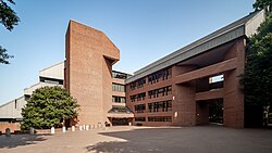 View of the eastern red brick face of the Intercultural Center facing the "Red Square" quadrangle.