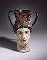 Iliupersis Painter (South Italy, active 375–350 BC), Head-Kantharos of a Female Faun or Io (?), red-figure pottery