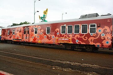 Kereta Api Indonesia's special dining car, M1 0 86 01 with Maduranese batik special paint scheme.