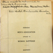 Nebraska The Men's Association Opposed to Woman Suffrage Manifesto