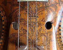 Hardanger fiddle, showing sympathetic strings underneath playing strings Midtdetalj.jpg