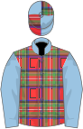 tartan, light blue sleeves, light blue collar, quartered cap